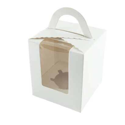 Premium White Single Cupcake Box with Window & Handle