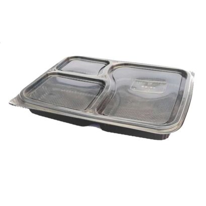 Premium 3-Compartment Black Meal Prep Tray with Clear Lid