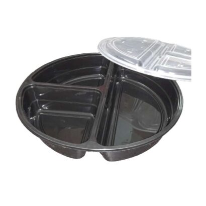 Premium Round 3-Compartment Black Meal Tray with Leakproof Clear Lid