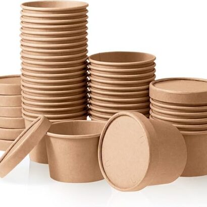 Stack of premium round eco-friendly paper takeaway food containers with lids