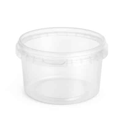 Transparent clear round tamper proof food delivery container with seal lock tab