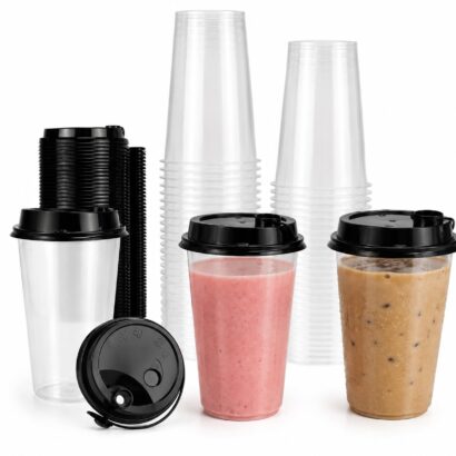 Premium clear plastic round sipper glass with black lid for cold coffee and smoothies