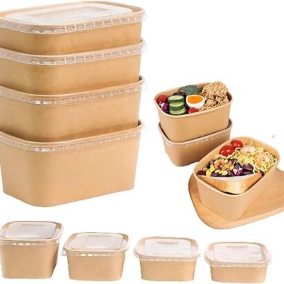 Stack of premium rectangular brown kraft paper takeaway containers with transparent lids for dry and gravy foods
