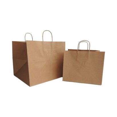 Brown kraft paper wide base delivery carry bags with twisted handles for cakes and pizzas