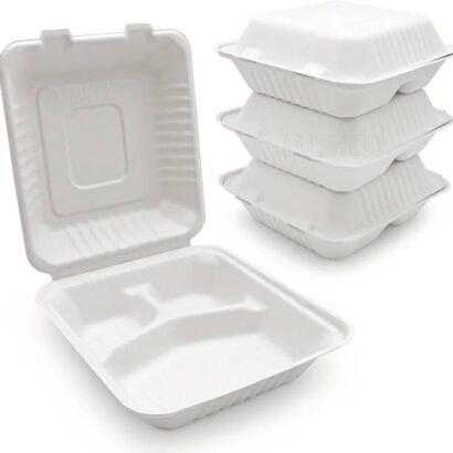 Eco-friendly white compostable bagasse clamshell food container with 3 compartments