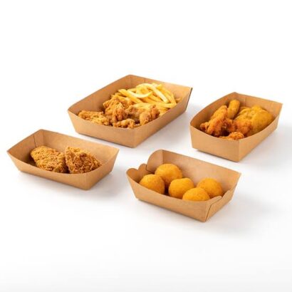 Eco-friendly kraft paper boat trays holding fried chicken, cheese balls, and french fries
